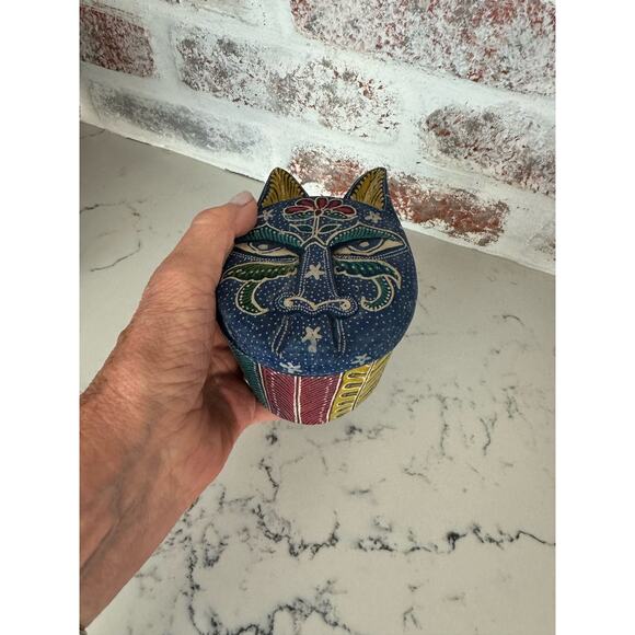 Hand Carved Wood Cat Face Box Covered in Hand Dyed Batik - Picture 3 of 14